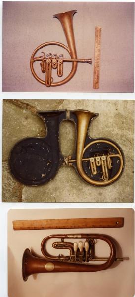Three photos, each with one historic soprano saxophone.
